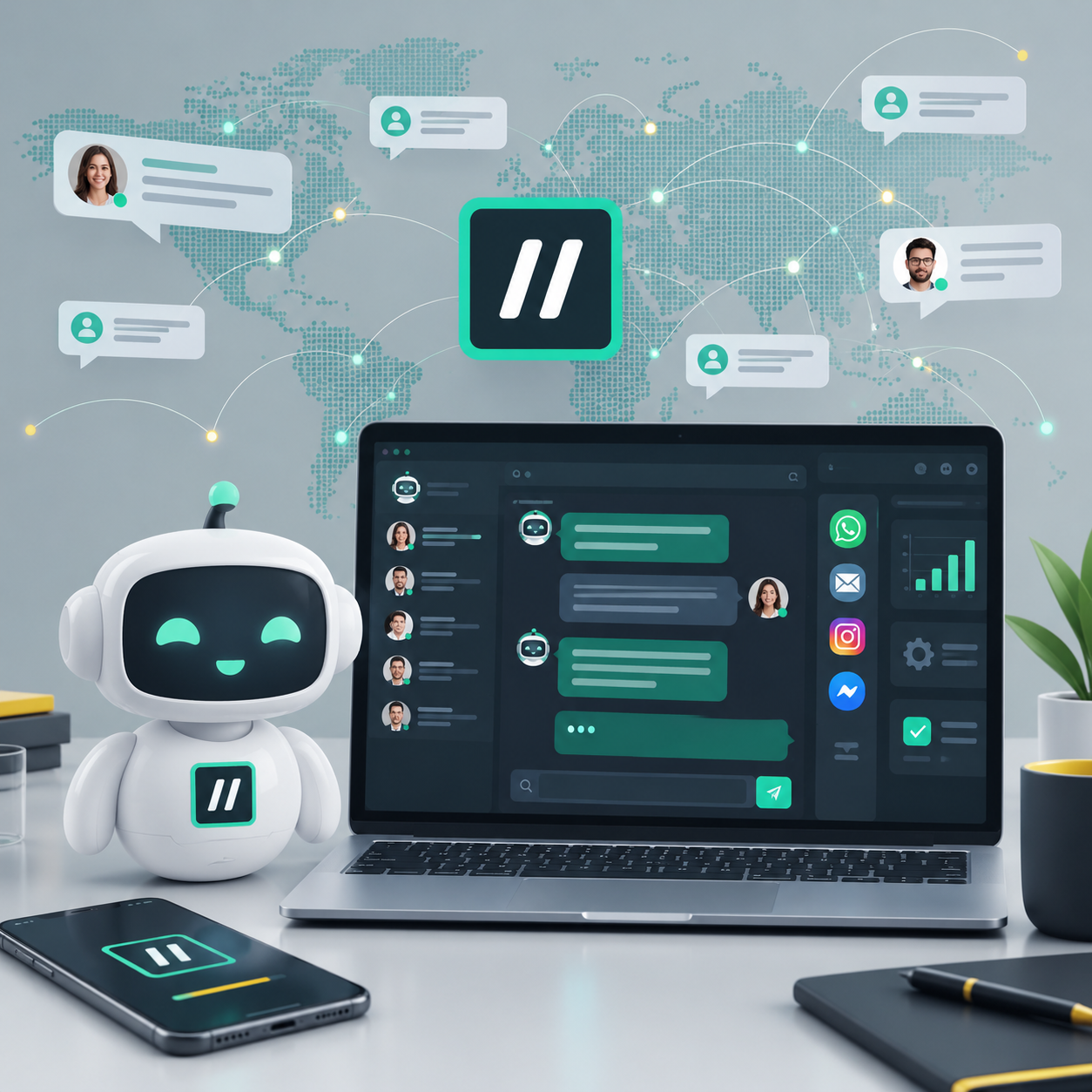 Ilustración del asistente IA BigWeb y el panel de conversaciones conectadas